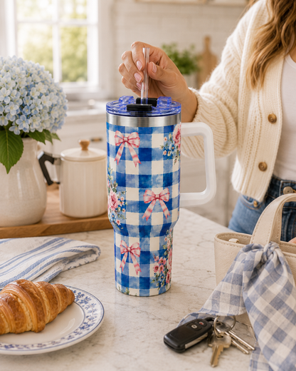 Blue Gingham Rose Tumbler – 40 oz Floral Travel Cup