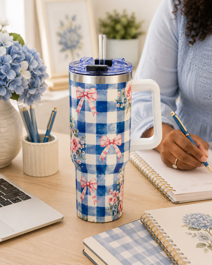 Blue Gingham Rose Tumbler – 40 oz Floral Travel Cup