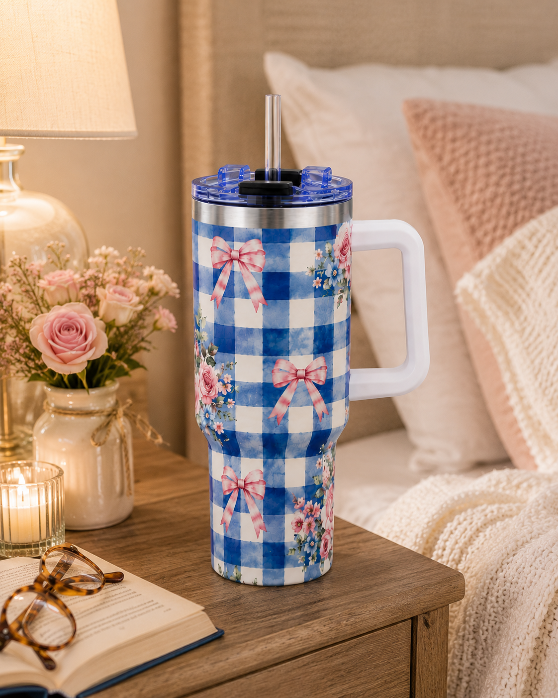 Blue Gingham Rose Tumbler – 40 oz Floral Travel Cup