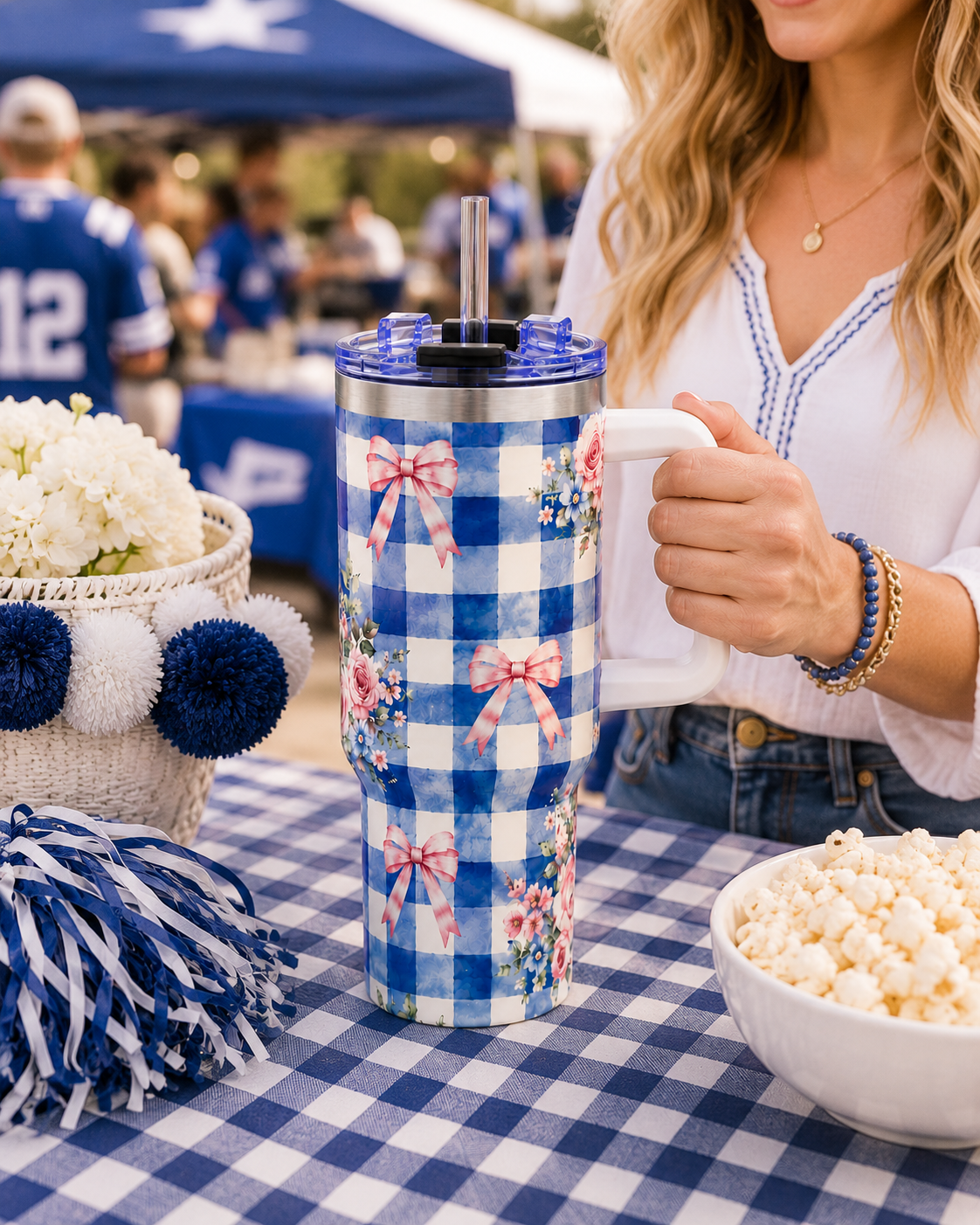 Blue Gingham Rose Tumbler – 40 oz Floral Travel Cup