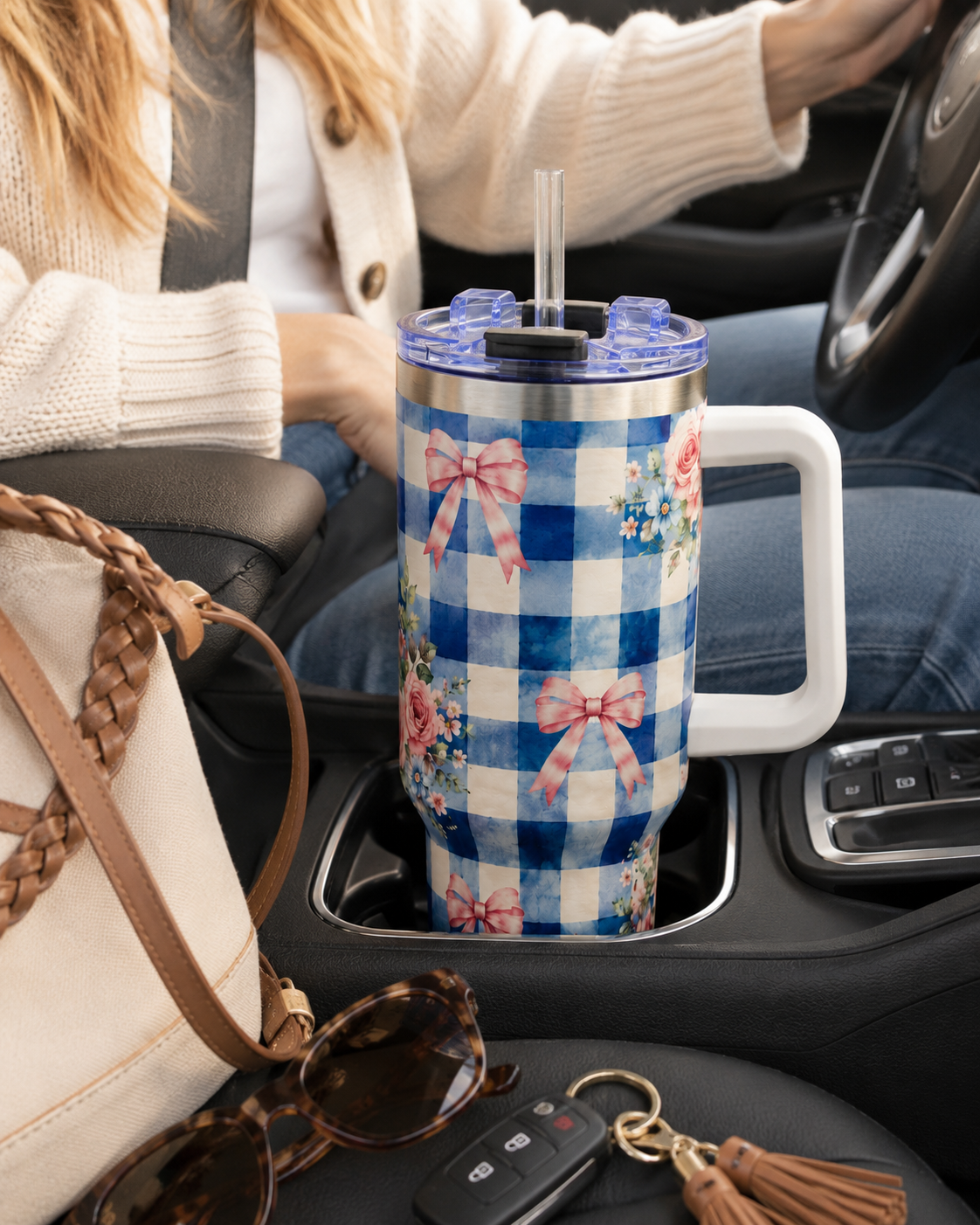 Blue Gingham Rose Tumbler – 40 oz Floral Travel Cup