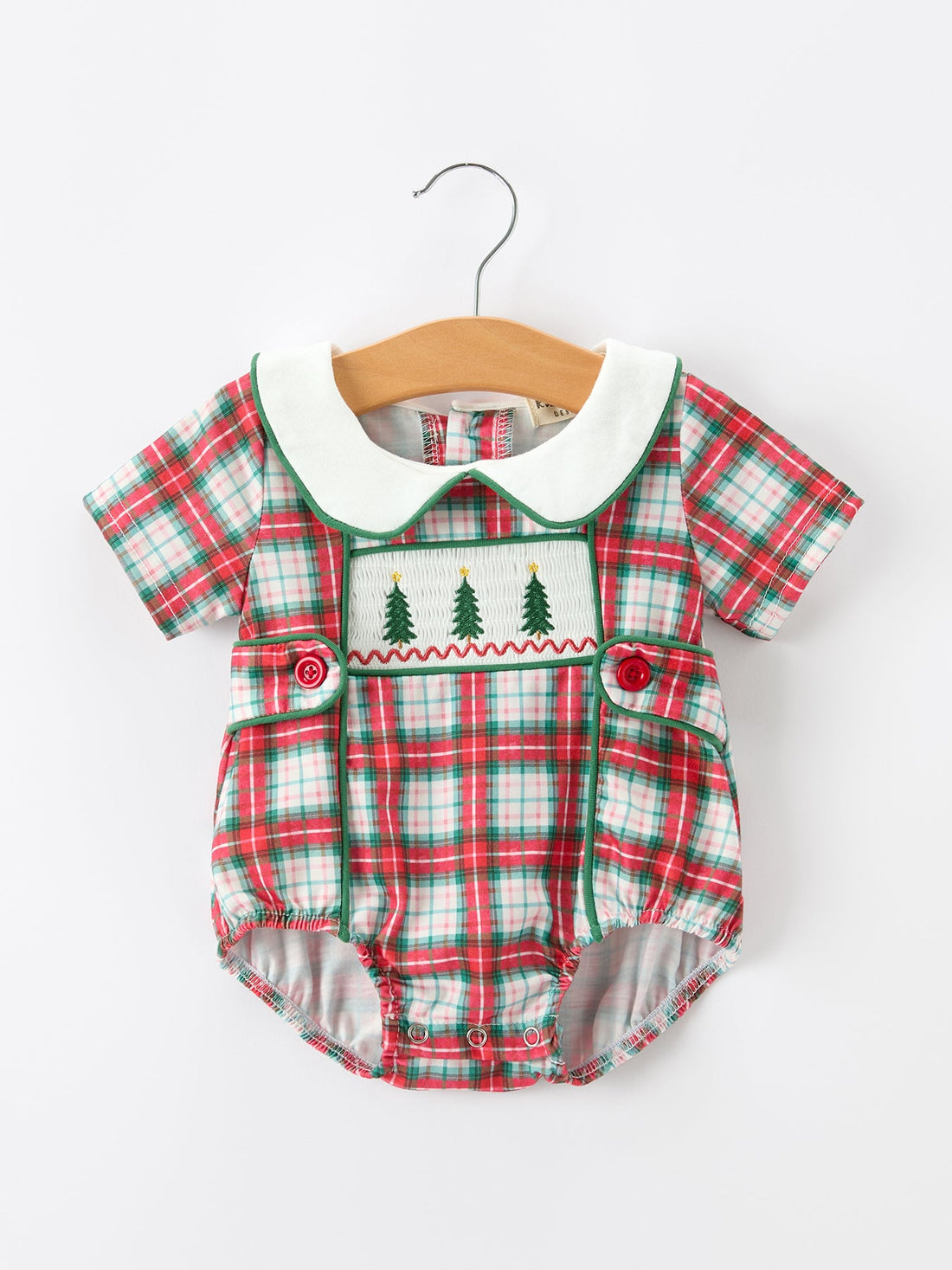 Baby Boys Christmas Tree Smocked Plaid Bubble Romper