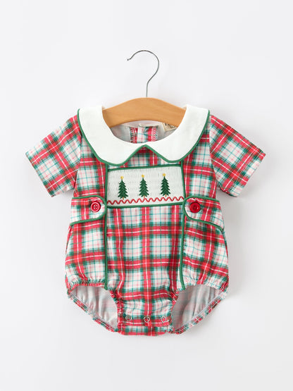 Baby Boys Christmas Tree Smocked Plaid Bubble Romper
