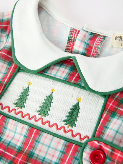 Baby Boys Christmas Tree Smocked Plaid Bubble Romper