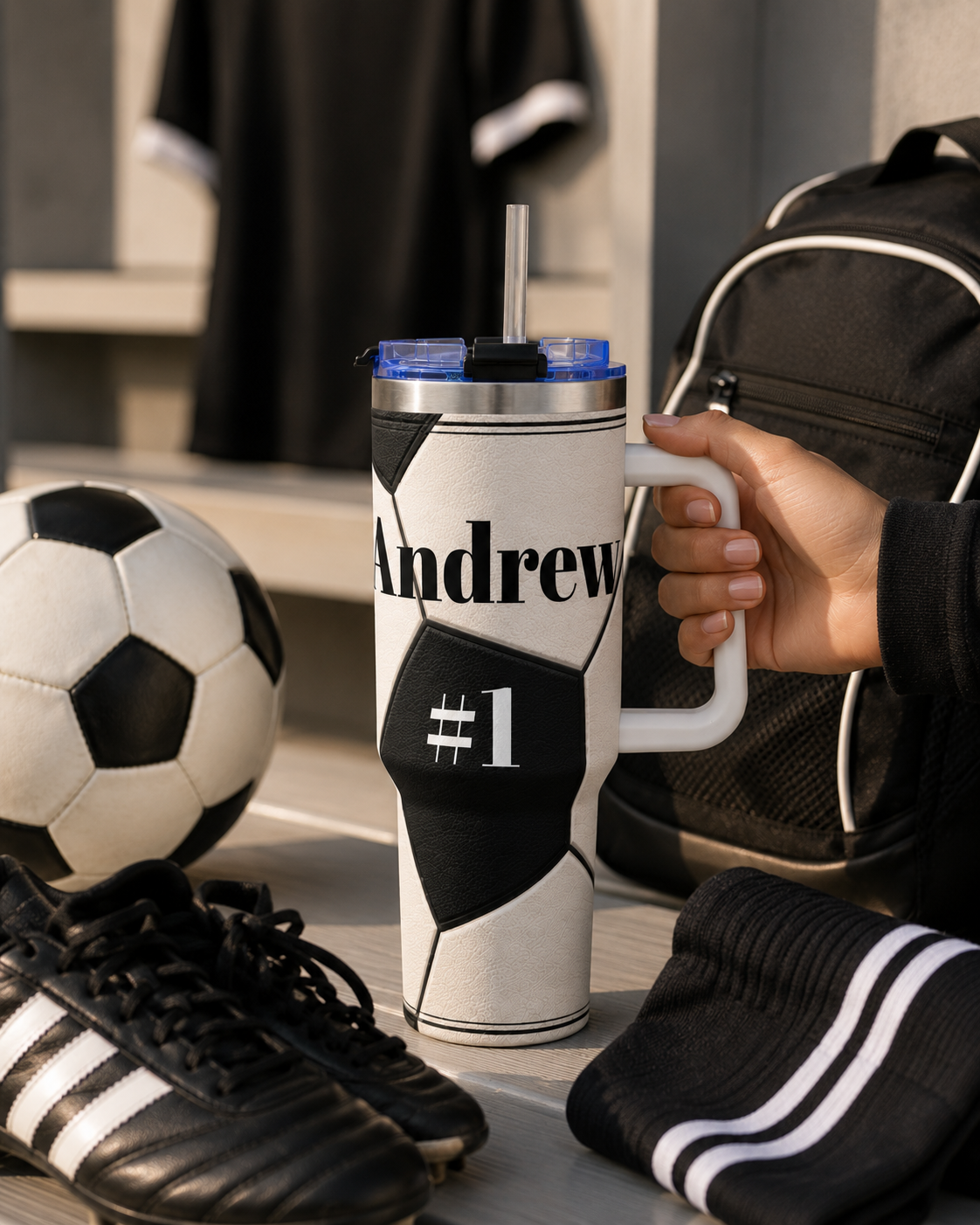 Personalized Soccer Tumbler – 40 oz Name &amp; Number Travel Cup