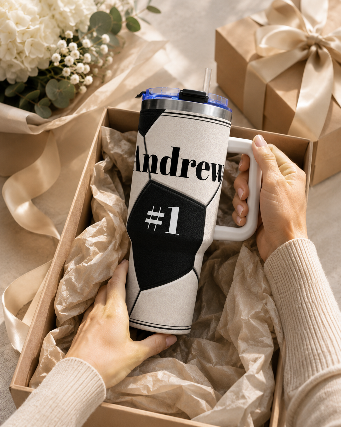 Personalized Soccer Tumbler – 40 oz Name &amp; Number Travel Cup