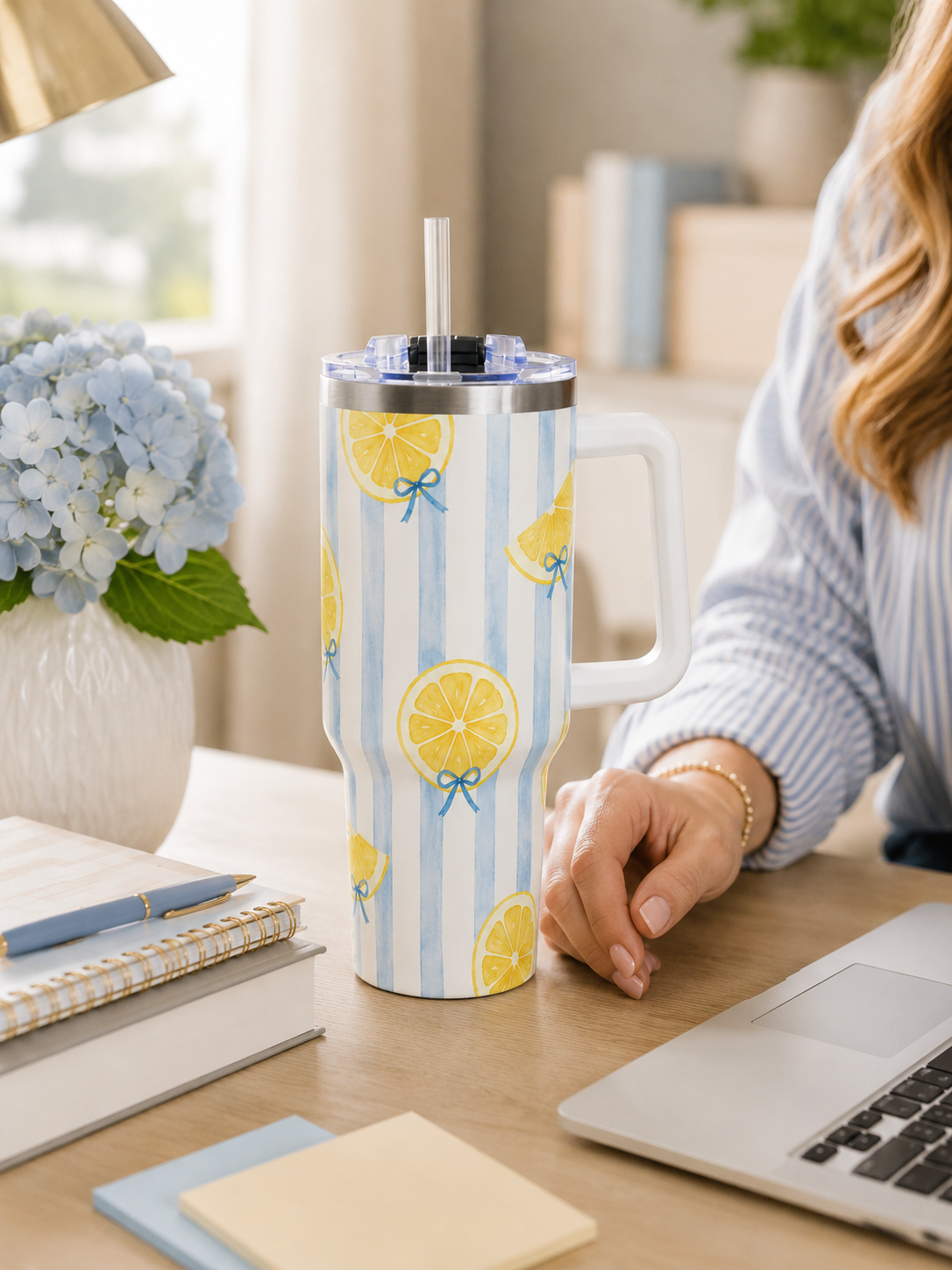Lemon Tumbler – 40 oz Blue Stripe Insulated Travel Cup