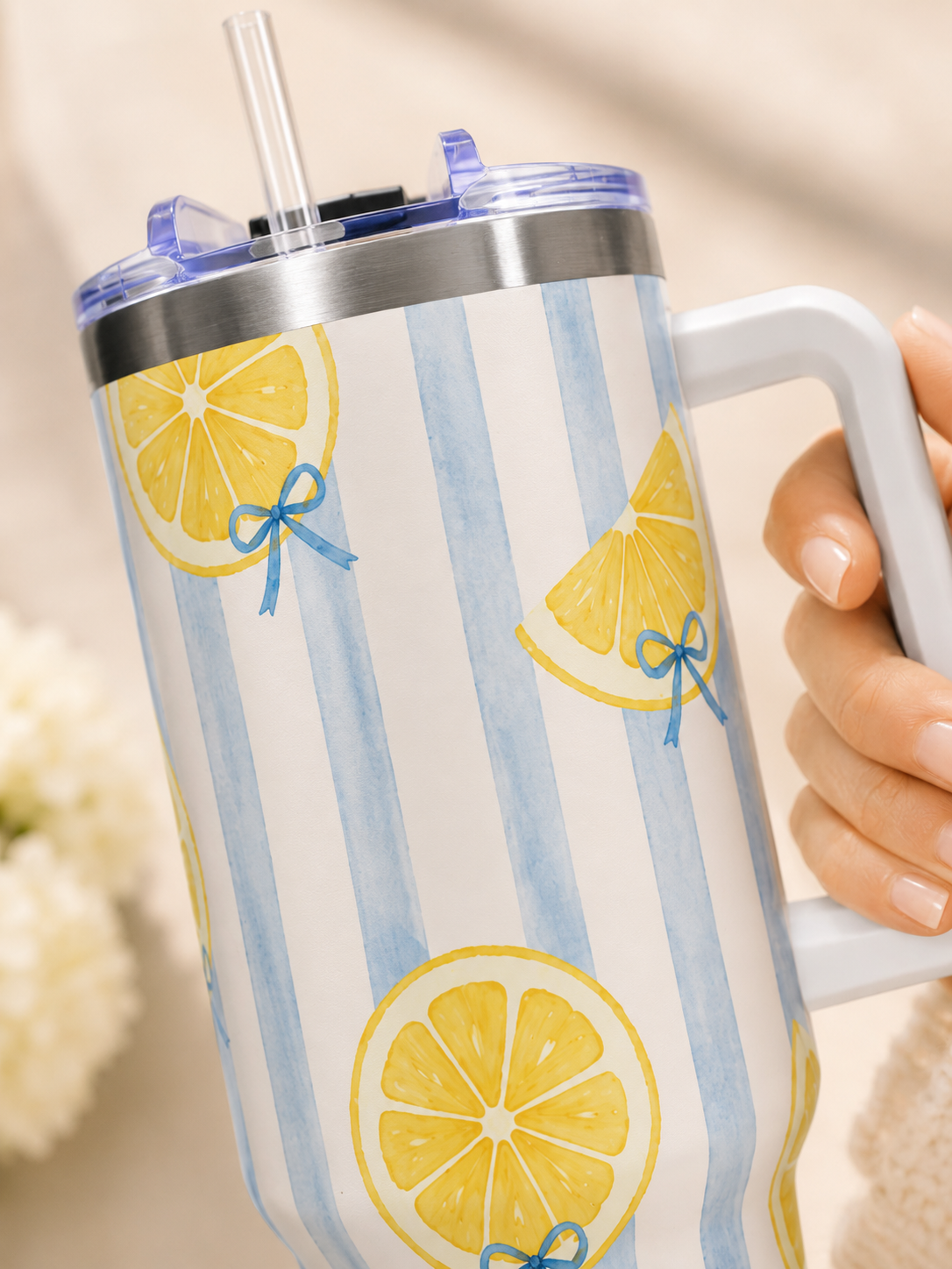 Lemon Tumbler – 40 oz Blue Stripe Insulated Travel Cup