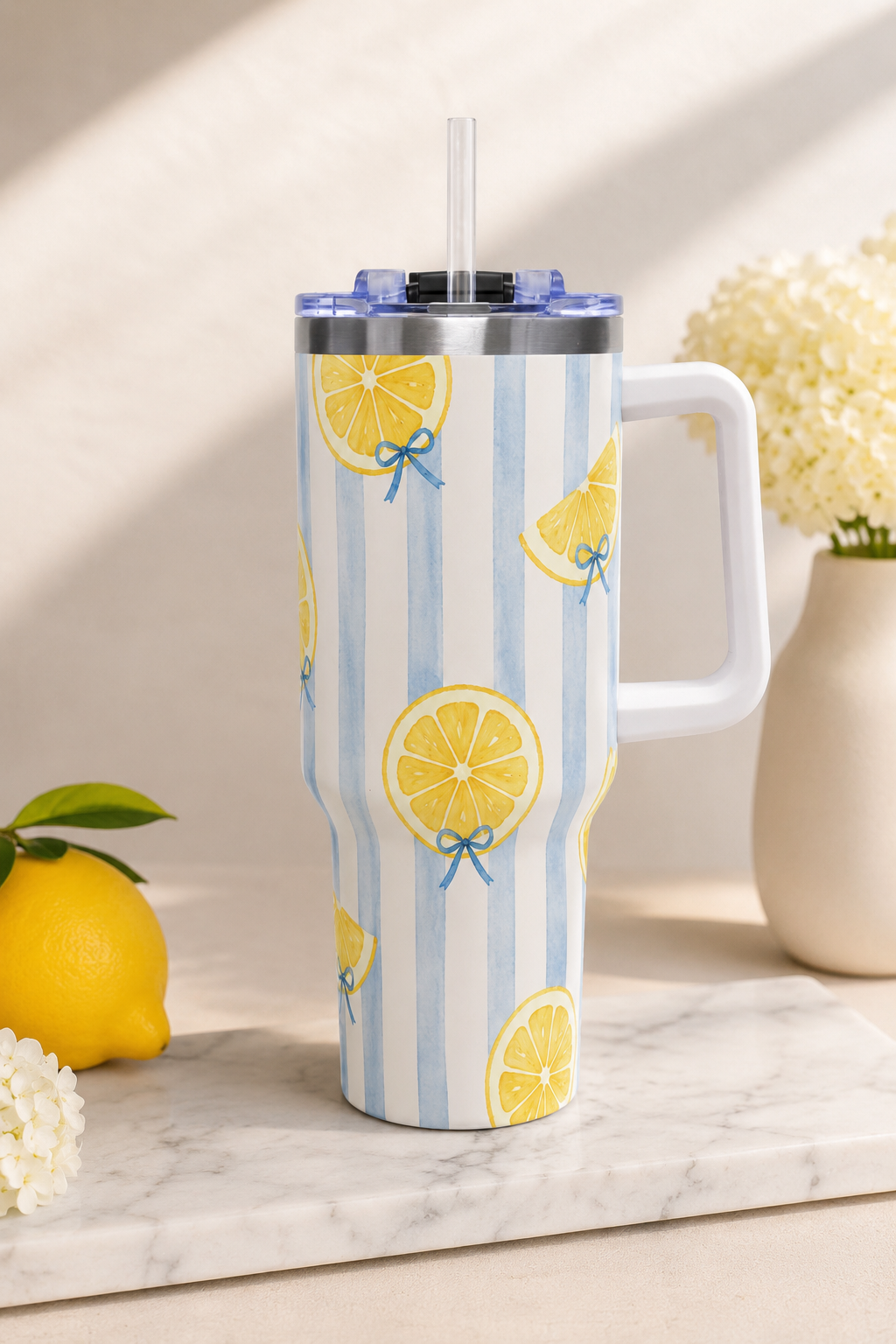 Lemon Tumbler – 40 oz Blue Stripe Insulated Travel Cup