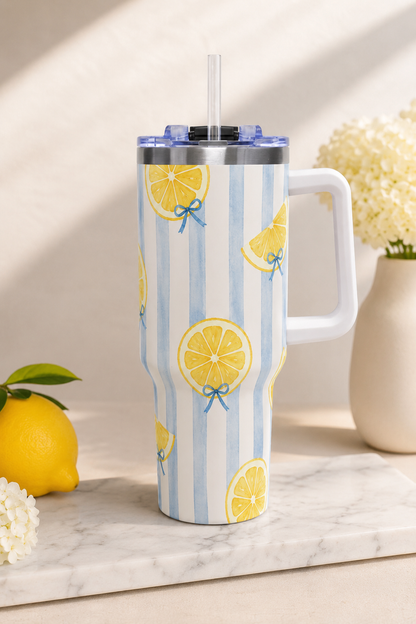 Lemon Tumbler – 40 oz Blue Stripe Insulated Travel Cup