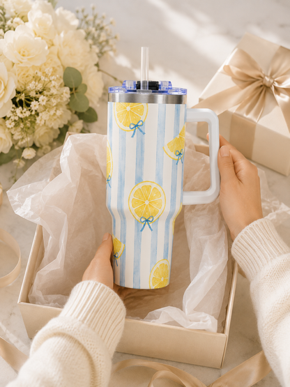 Lemon Tumbler – 40 oz Blue Stripe Insulated Travel Cup
