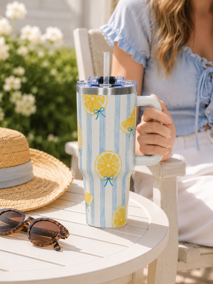 Lemon Tumbler – 40 oz Blue Stripe Insulated Travel Cup