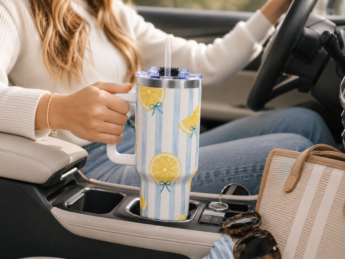Lemon Tumbler – 40 oz Blue Stripe Insulated Travel Cup