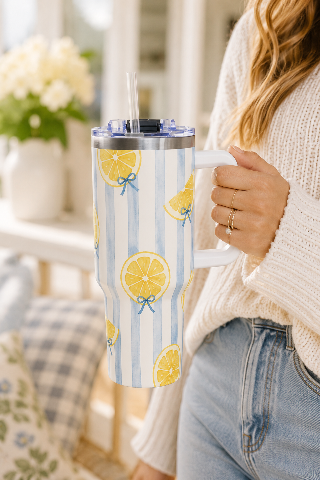 Lemon Tumbler – 40 oz Blue Stripe Insulated Travel Cup