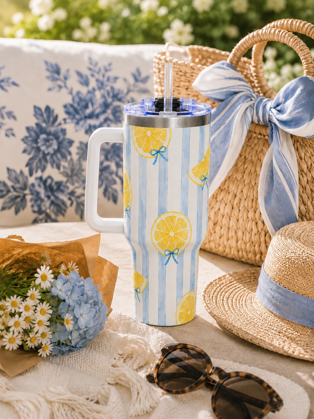 Lemon Tumbler – 40 oz Blue Stripe Insulated Travel Cup