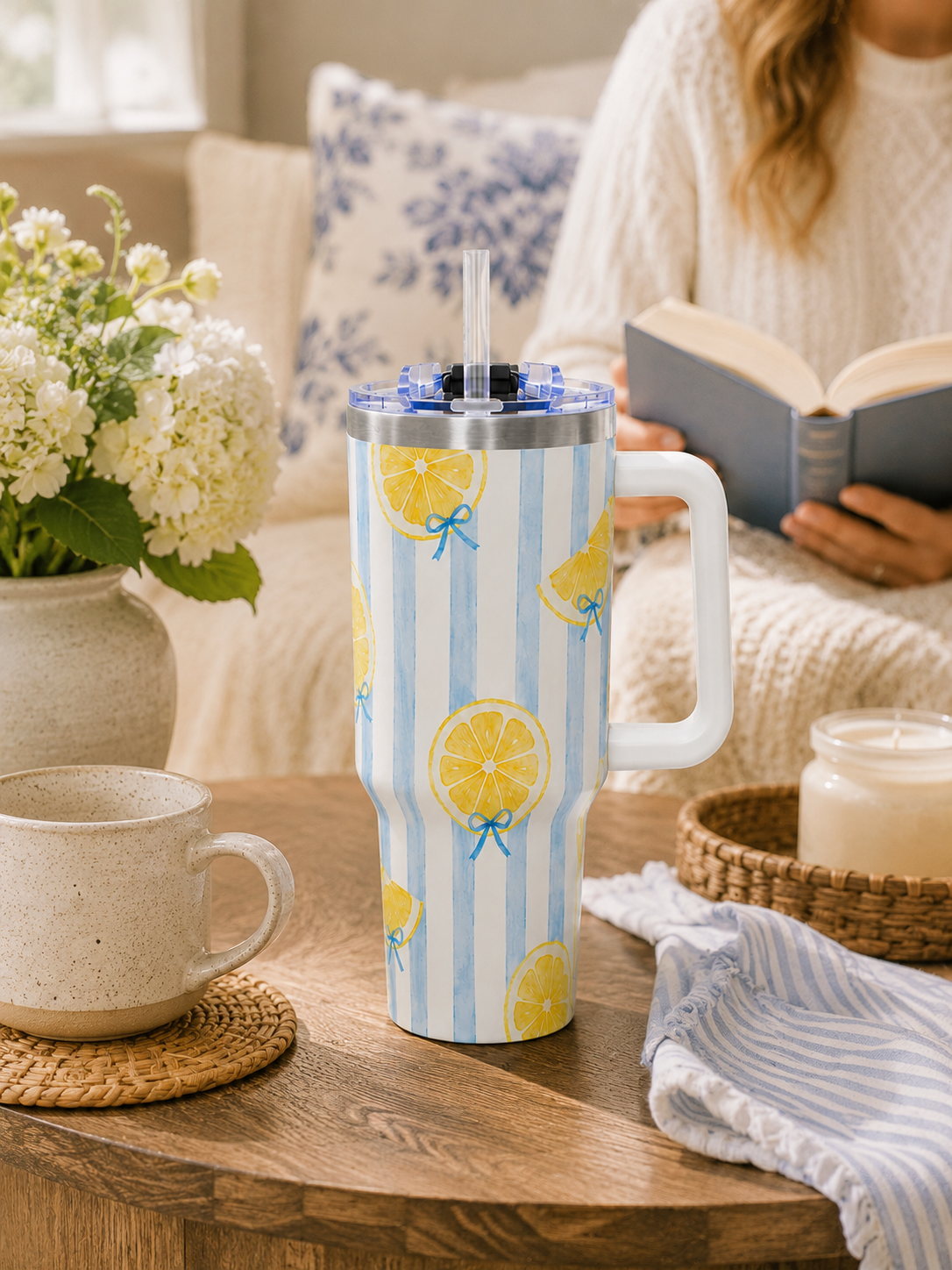 Lemon Tumbler – 40 oz Blue Stripe Insulated Travel Cup