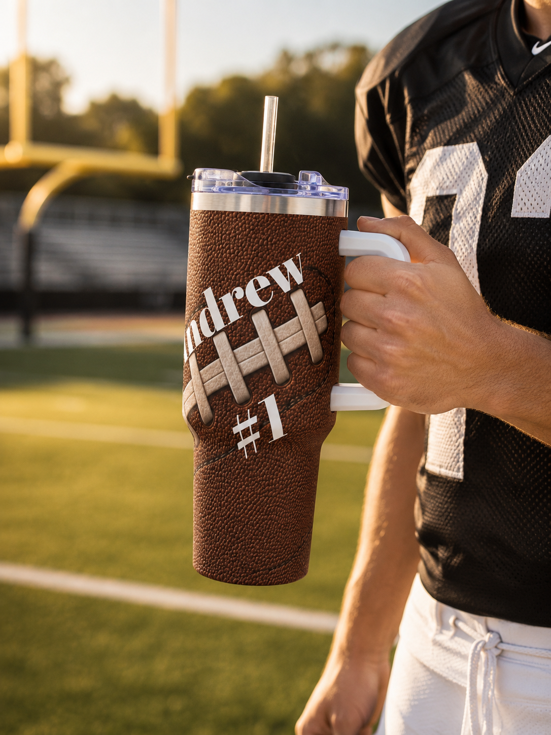 Personalized Football Tumbler – 40 oz Name &amp; Number Travel Cup