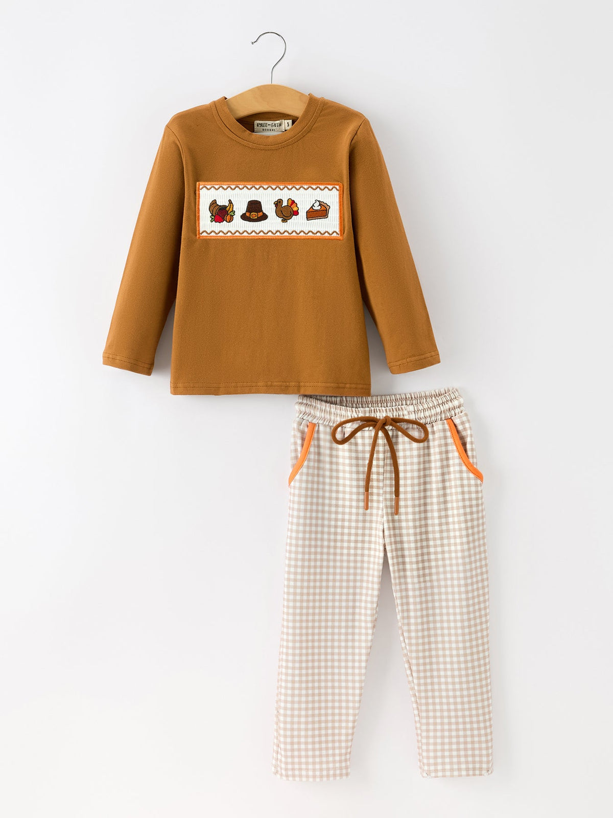 Boys Thanksgiving Embroidered Shirt &amp; Gingham Pants Set
