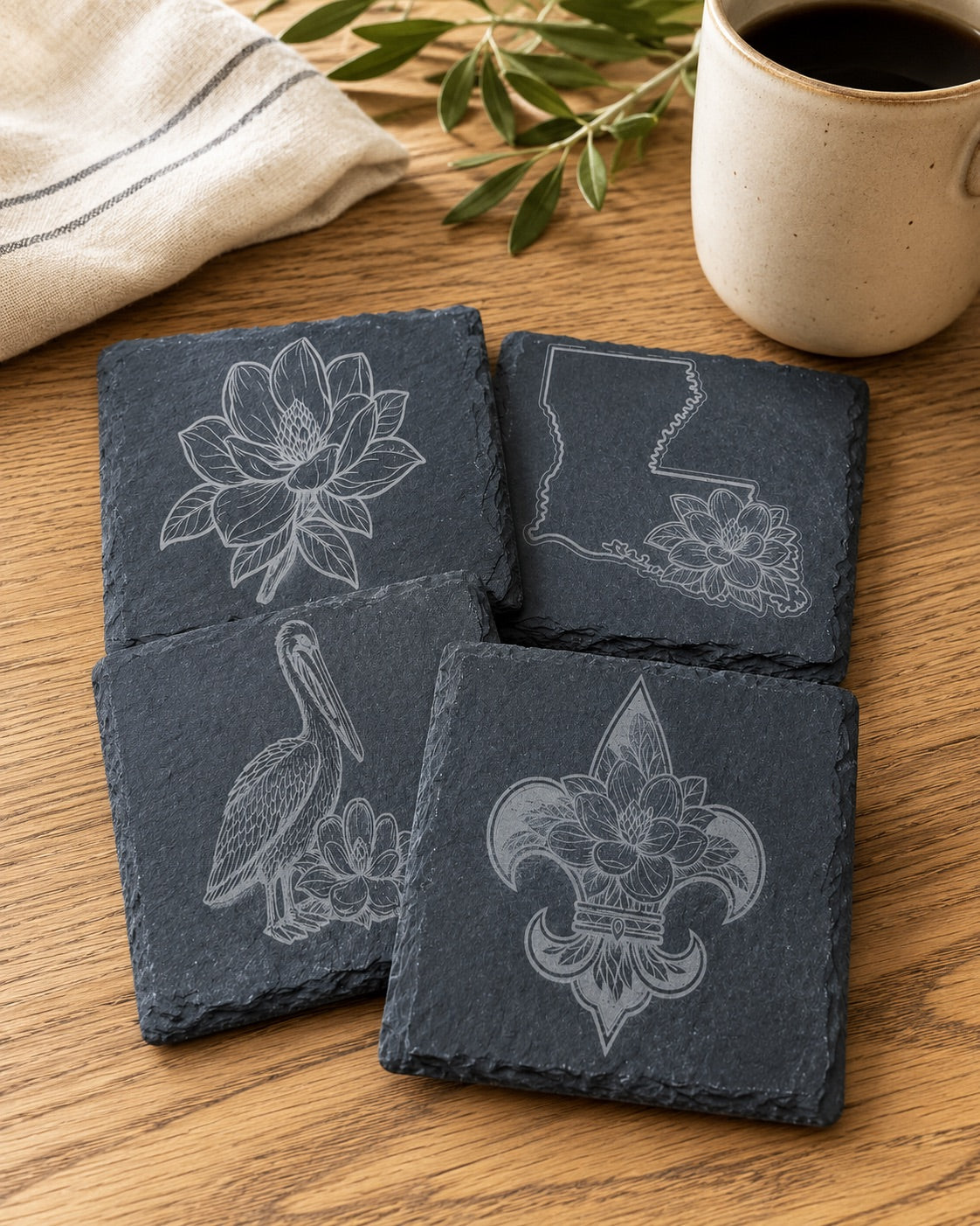 Magnolia &amp; Louisiana Coasters – Engraved Slate or Wood Set of 4