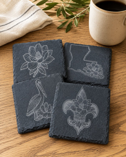 Magnolia &amp; Louisiana Coasters – Engraved Slate or Wood Set of 4