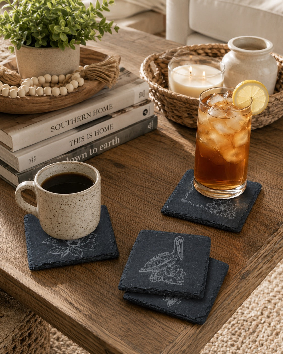 Magnolia &amp; Louisiana Coasters – Engraved Slate or Wood Set of 4