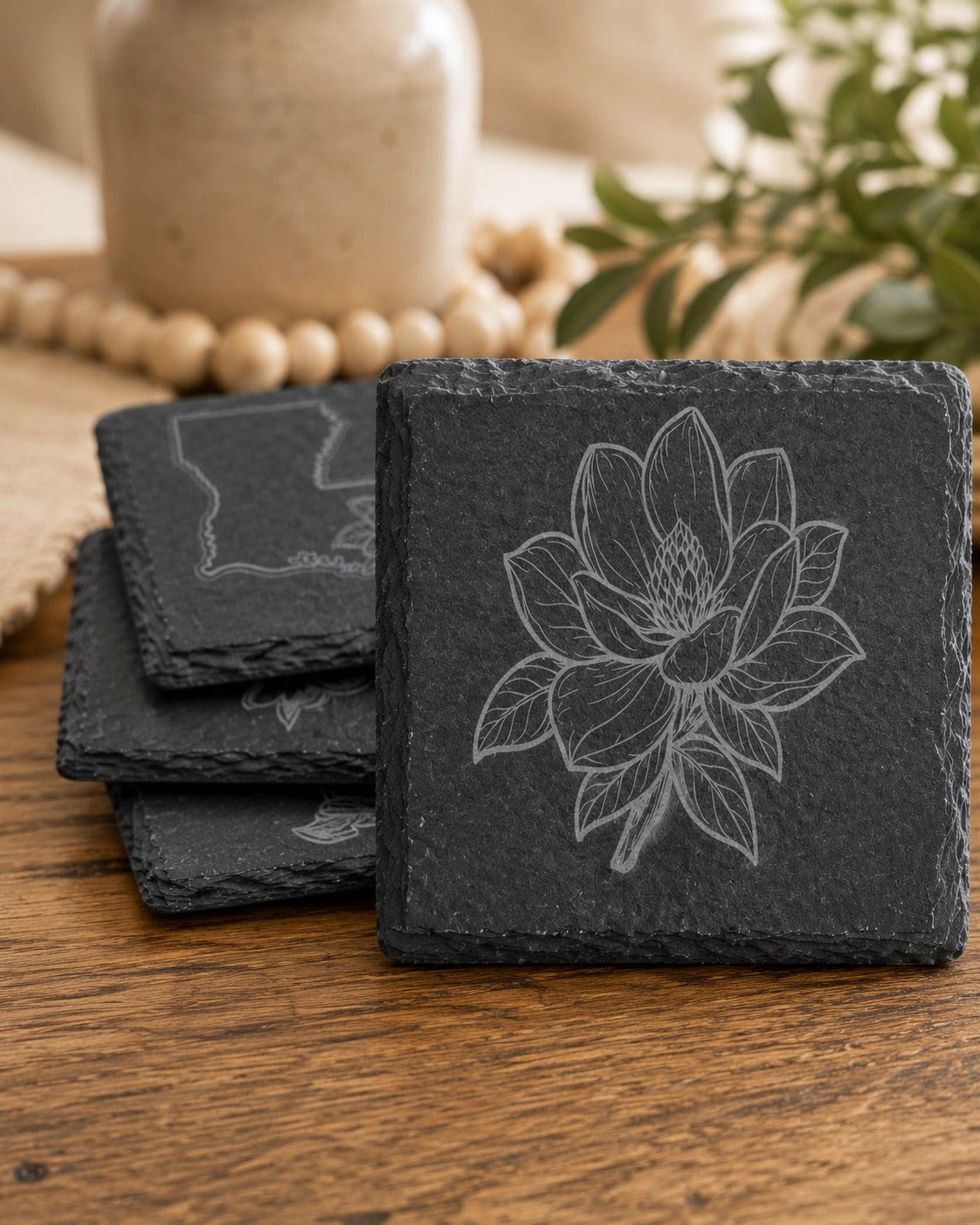 Magnolia &amp; Louisiana Coasters – Engraved Slate or Wood Set of 4