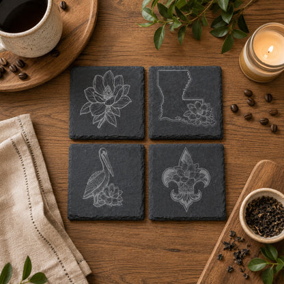 Magnolia &amp; Louisiana Coasters – Engraved Slate or Wood Set of 4