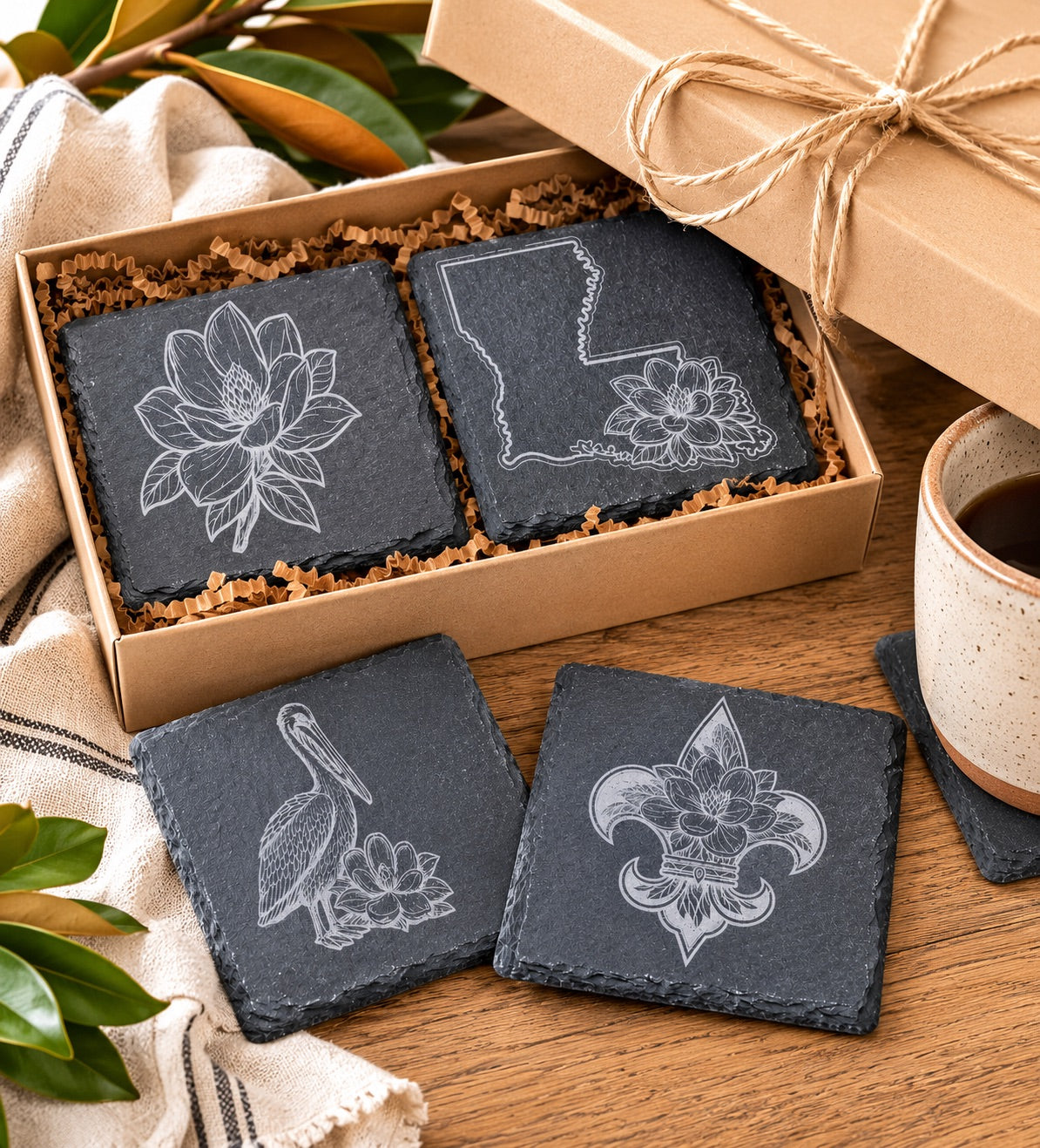 Magnolia &amp; Louisiana Coasters – Engraved Slate or Wood Set of 4