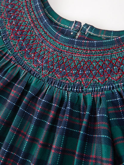 Girls Christmas Plaid Smocked Dress with Puff Sleeves