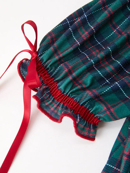 Girls Christmas Plaid Smocked Dress with Puff Sleeves