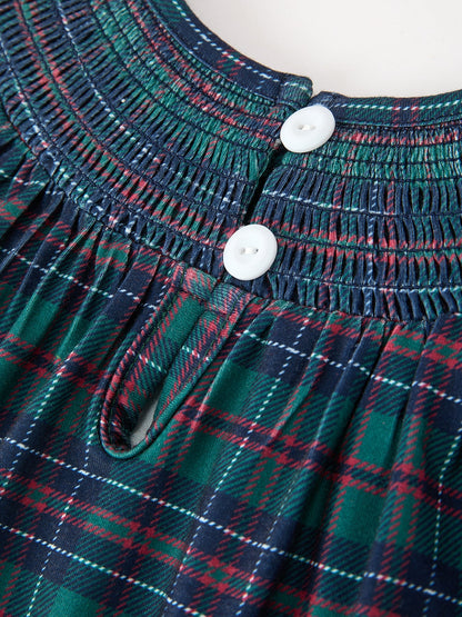 Girls Christmas Plaid Smocked Dress with Puff Sleeves