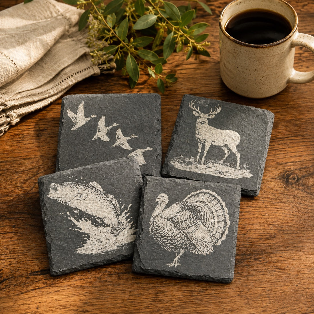 Outdoorsman Collection Coasters | Engraved Slate or Wood Set of 4