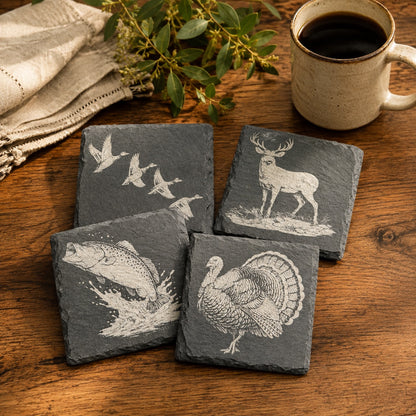 Outdoorsman Coasters – Engraved Hunting Slate or Wood Set of 4