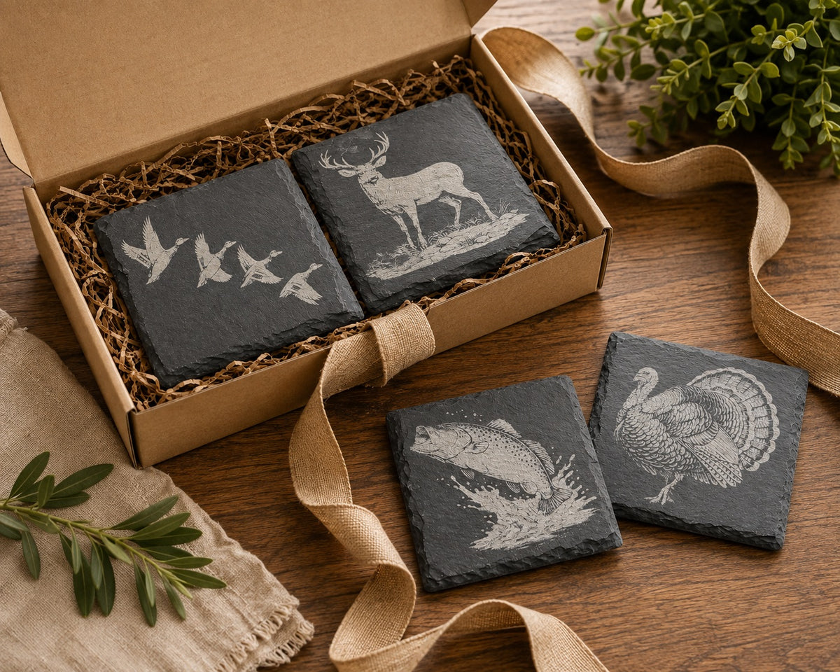 Outdoorsman Coasters – Engraved Hunting Slate or Wood Set of 4