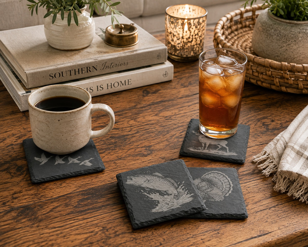 Outdoorsman Coasters – Engraved Hunting Slate or Wood Set of 4