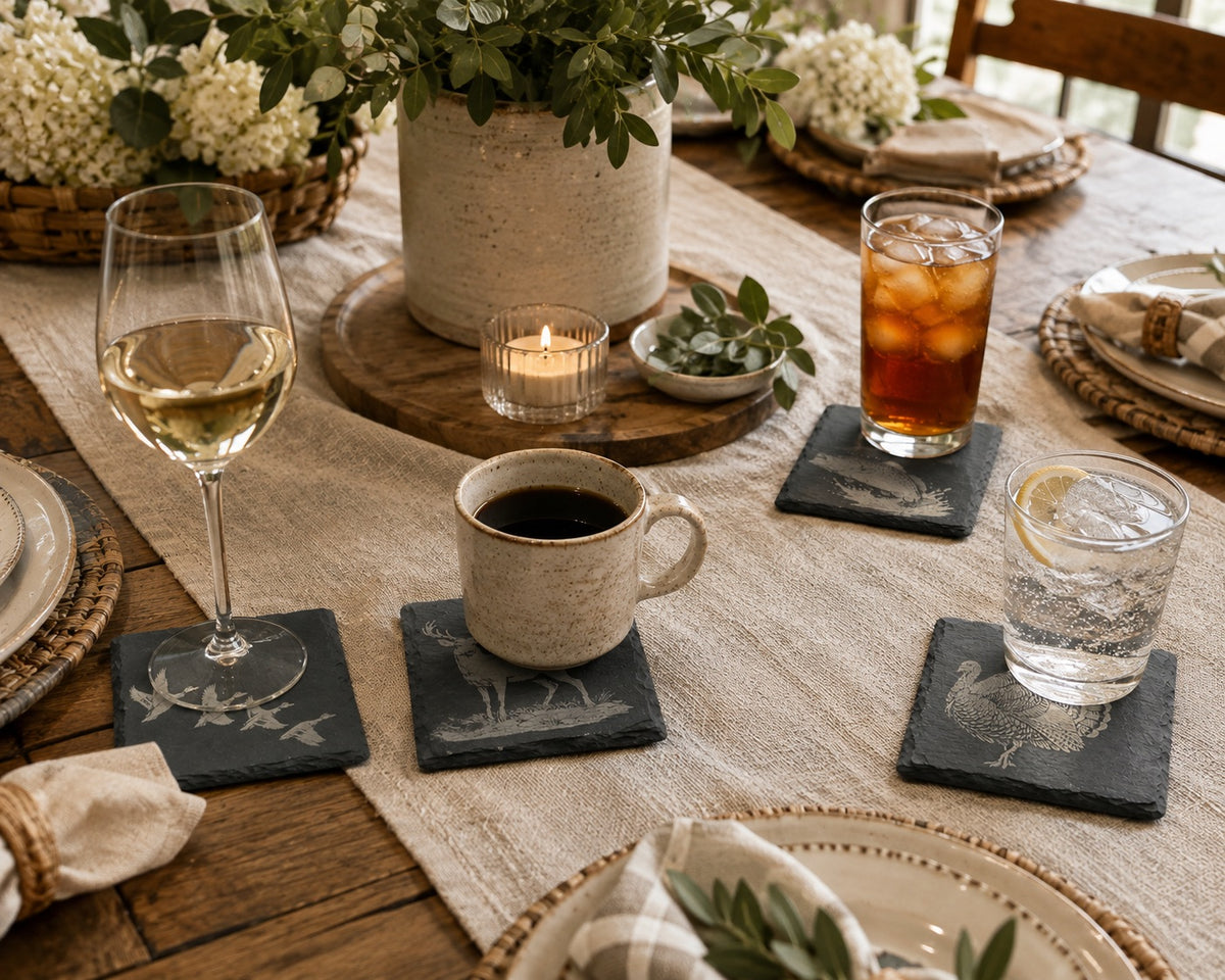 Outdoorsman Coasters – Engraved Hunting Slate or Wood Set of 4