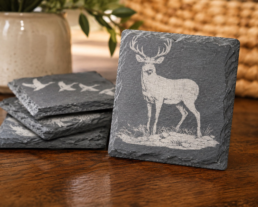 Outdoorsman Collection Coasters | Engraved Slate or Wood Set of 4