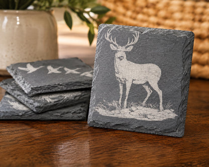 Outdoorsman Coasters – Engraved Hunting Slate or Wood Set of 4