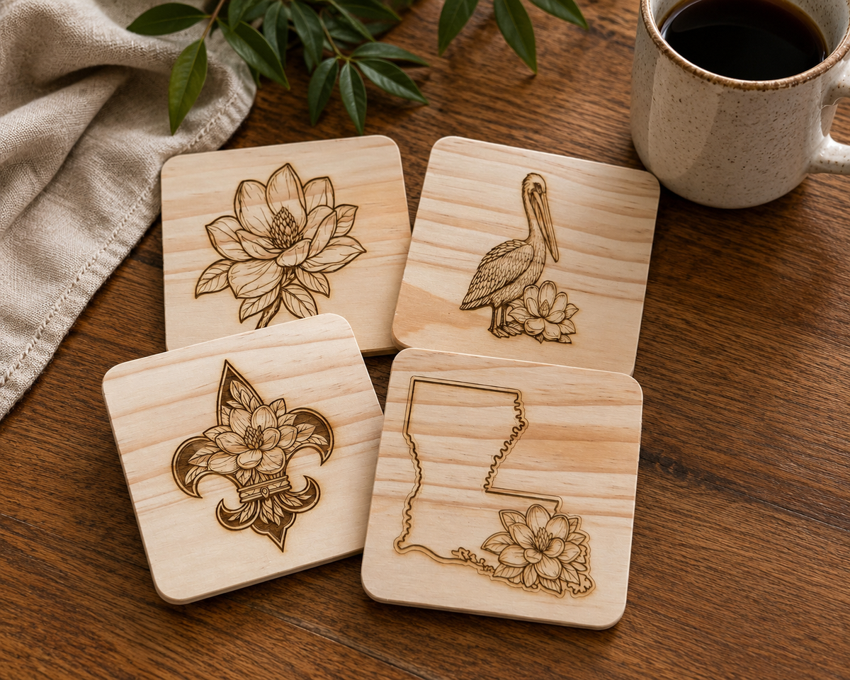 Magnolia &amp; Louisiana Coasters – Engraved Slate or Wood Set of 4