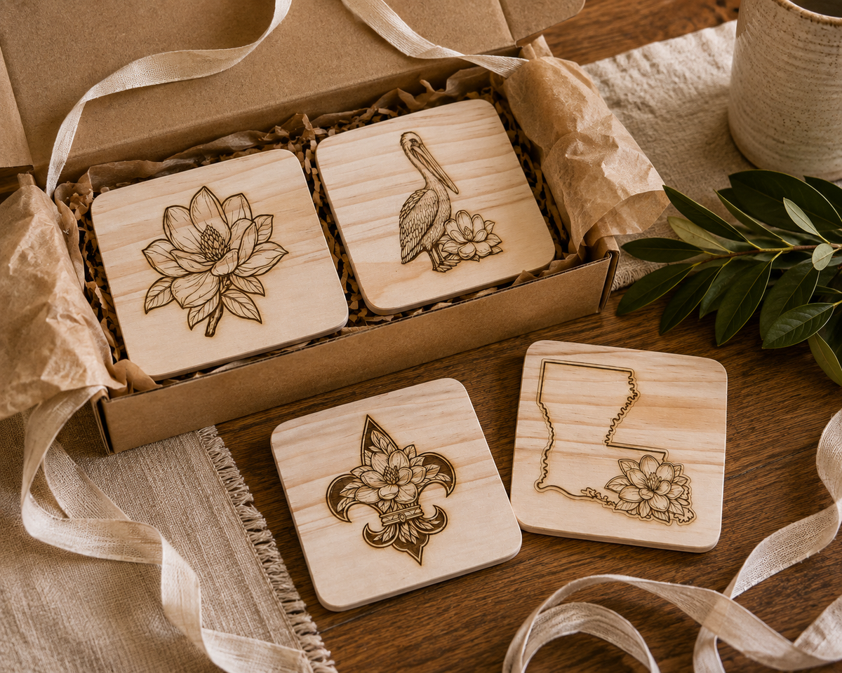 Magnolia &amp; Louisiana Coasters – Engraved Slate or Wood Set of 4