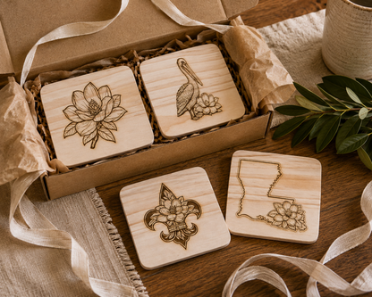 Magnolia &amp; Louisiana Coasters – Engraved Slate or Wood Set of 4