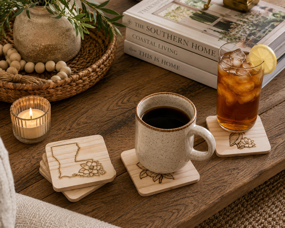 Magnolia &amp; Louisiana Coasters – Engraved Slate or Wood Set of 4