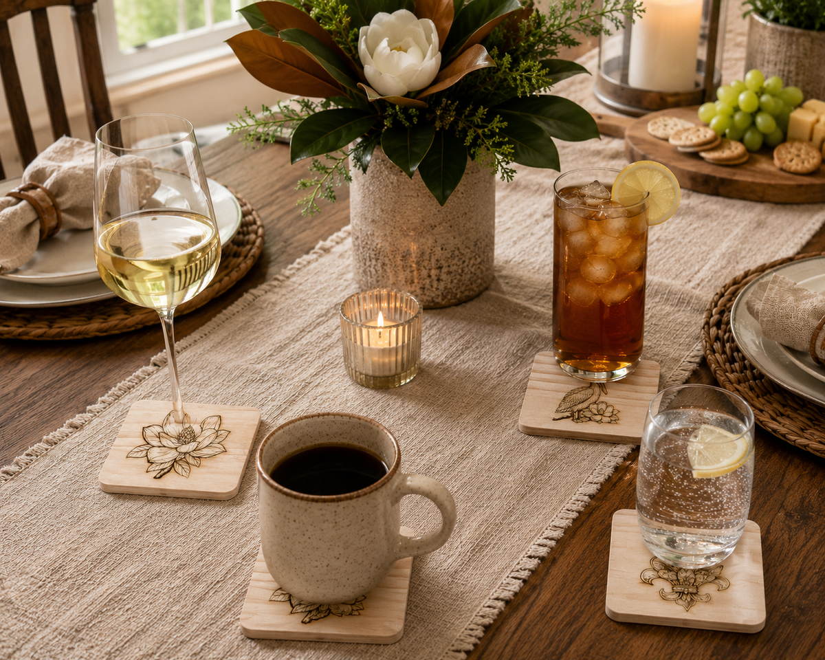 Magnolia &amp; Louisiana Coasters – Engraved Slate or Wood Set of 4