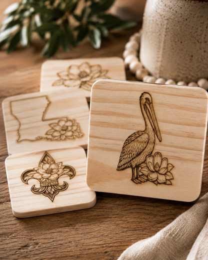 Magnolia &amp; Louisiana Coasters – Engraved Slate or Wood Set of 4
