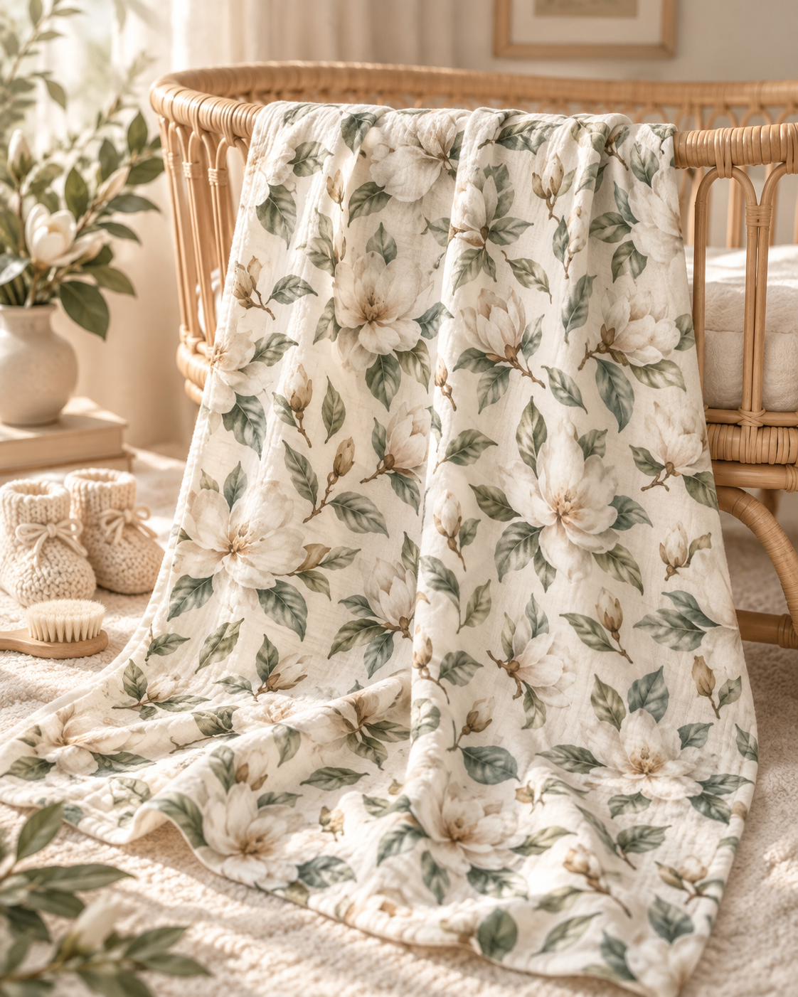 Floral Magnolia Baby Swaddle Blanket — Neutral Cream &amp; Green Nursery