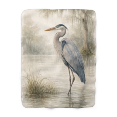 Heron Sherpa Blanket — Coastal Watercolor Fleece Throw