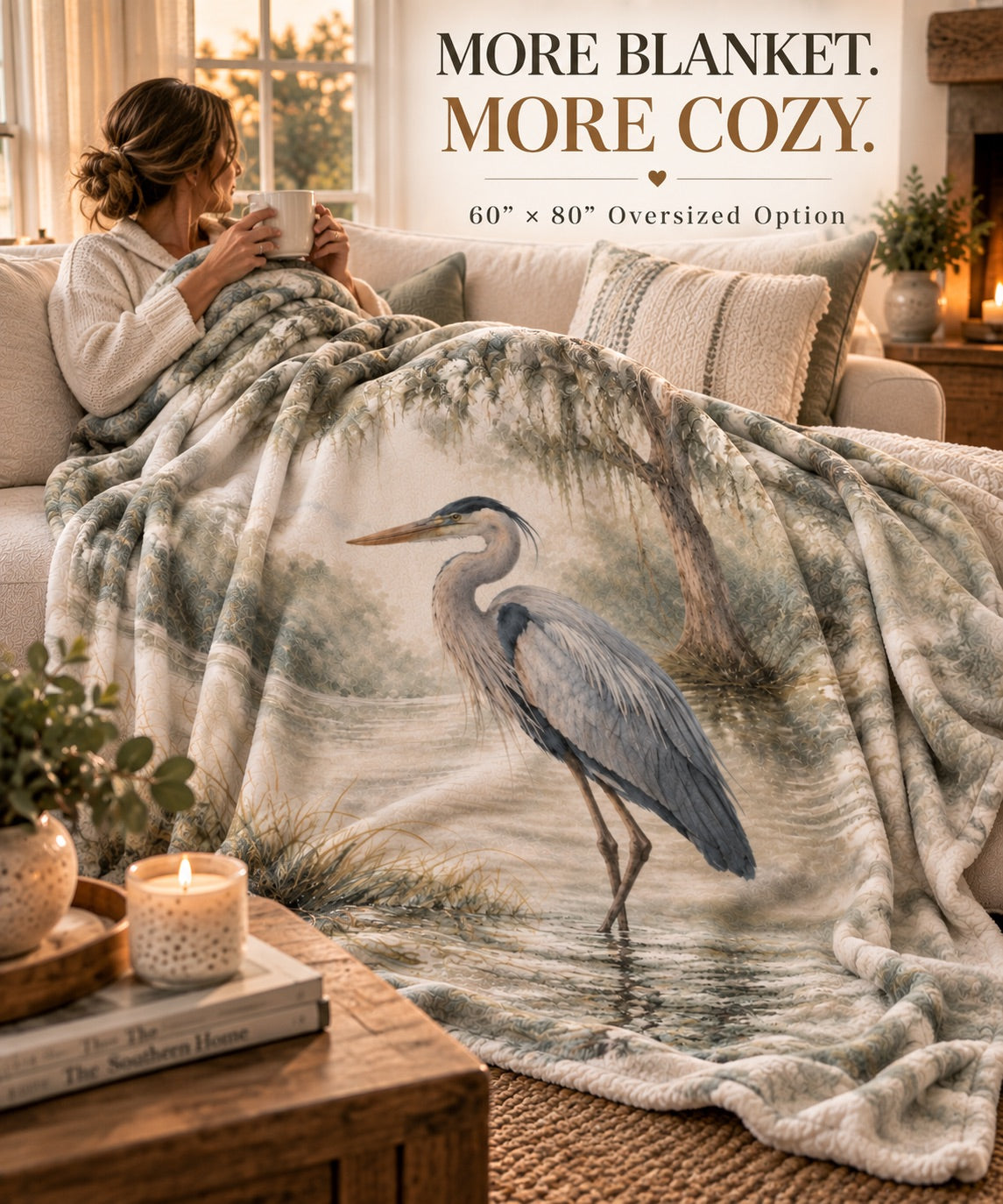 Heron Sherpa Blanket — Coastal Watercolor Fleece Throw
