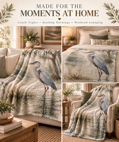Heron Sherpa Blanket — Coastal Watercolor Fleece Throw
