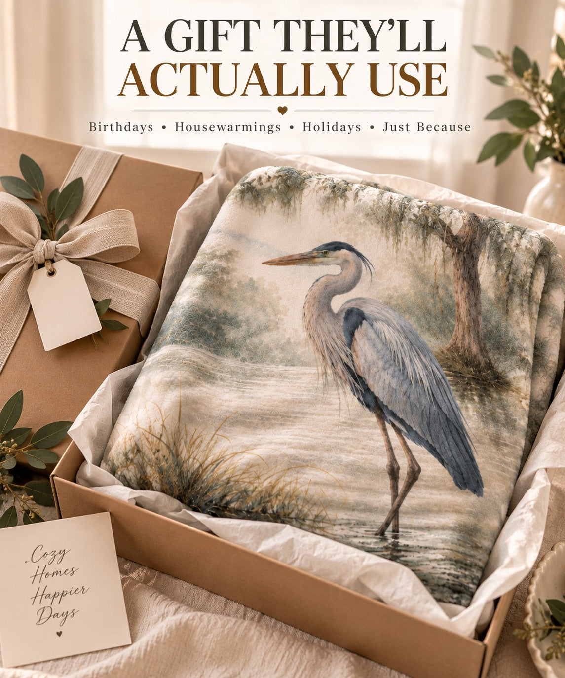 Heron Sherpa Blanket — Coastal Watercolor Fleece Throw