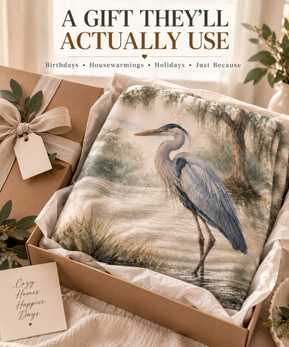 Heron Sherpa Blanket — Coastal Watercolor Fleece Throw